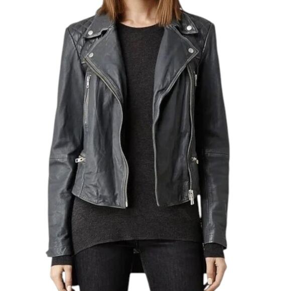 All Saints Jackets & Blazers - AllSaints Cargo Distressed Leather Biker Jacket Black/Gray EU 34, US 2